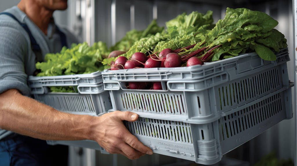 Worker loading produce into a commercial walk-in cooler