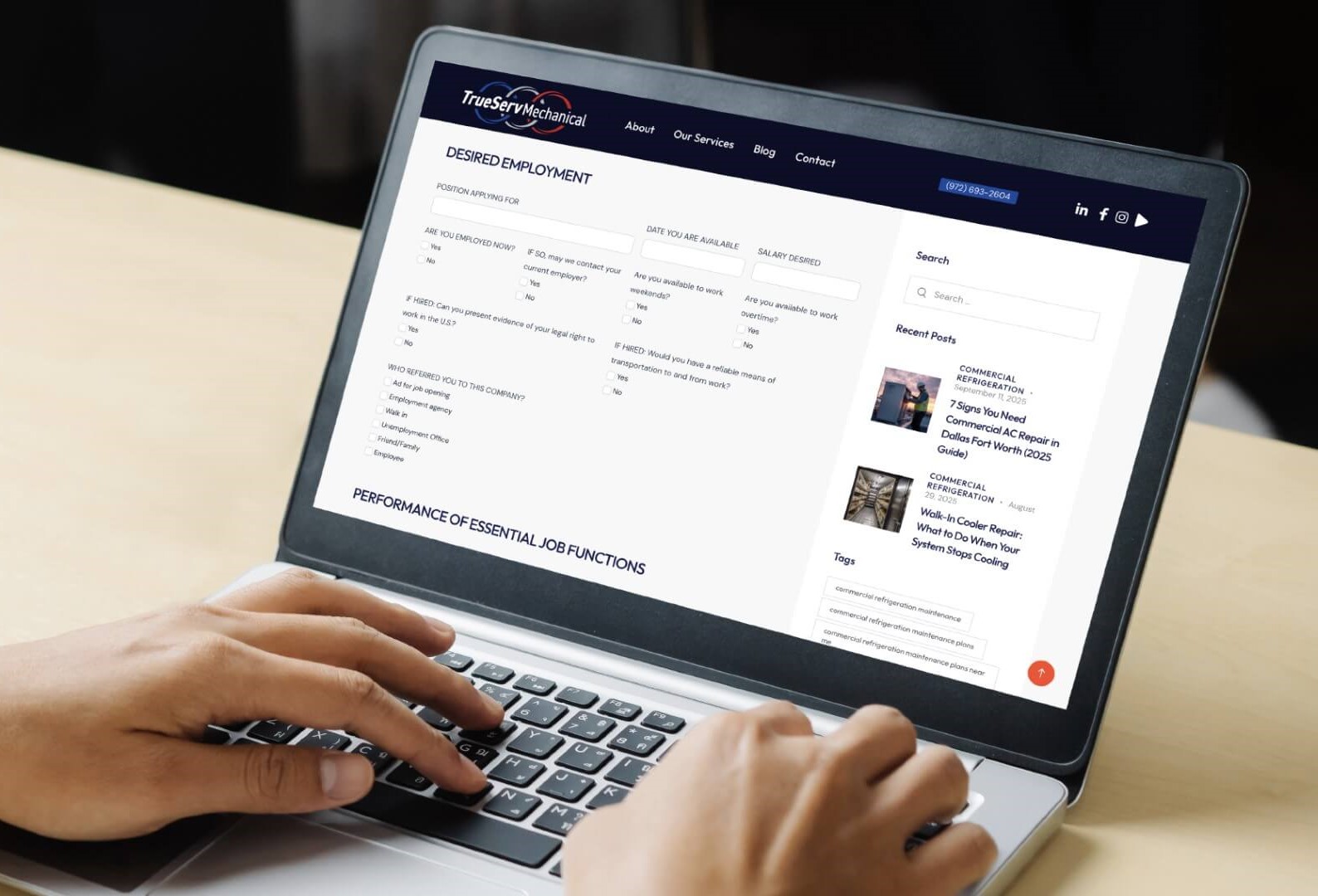 A candidate filling out an online job application for an HVAC/R technician job at TrueServ Mechanical