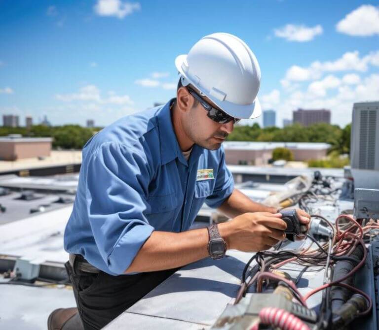 Technician performing preventive maintenance on a commercial rooftop HVAC unit