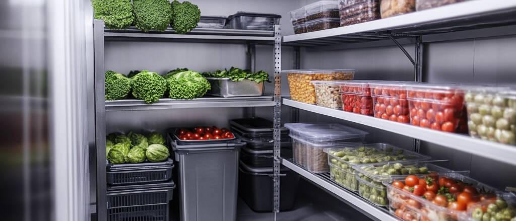Grocery store refrigeration system stocked with fresh food