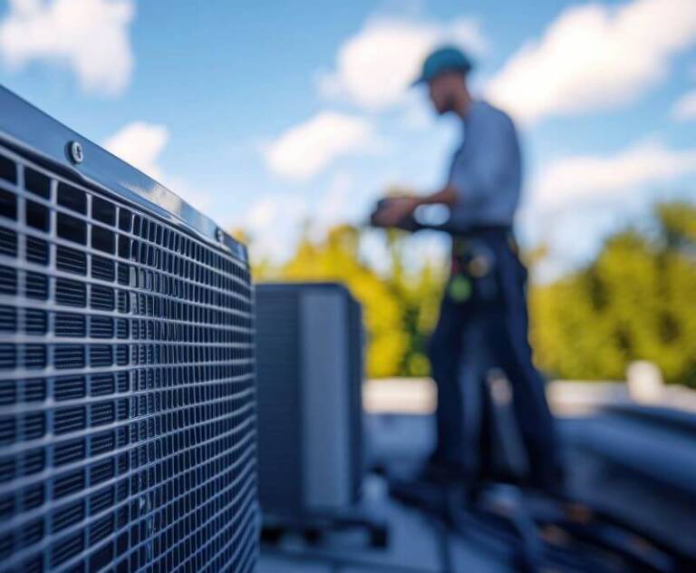 Technician with a clipboard performing maintenance on a rooftop HVAC unit