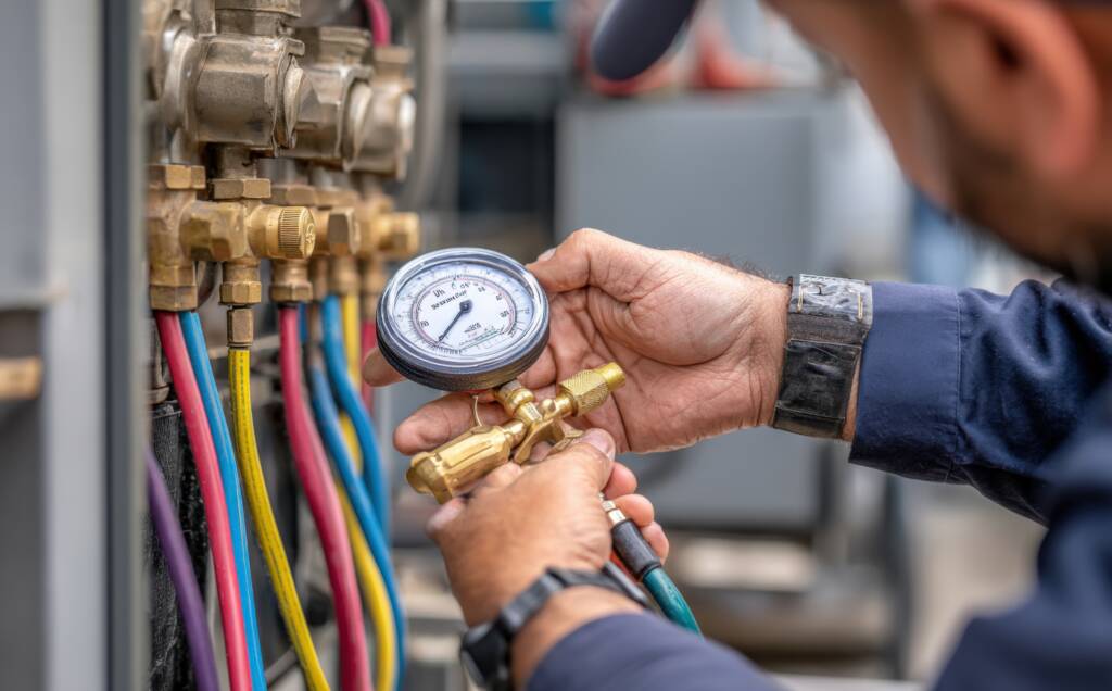 HVAC Technician Inspecting Pressure with Manifold Gauge Set for System Performance and commercial hvac maintenance services