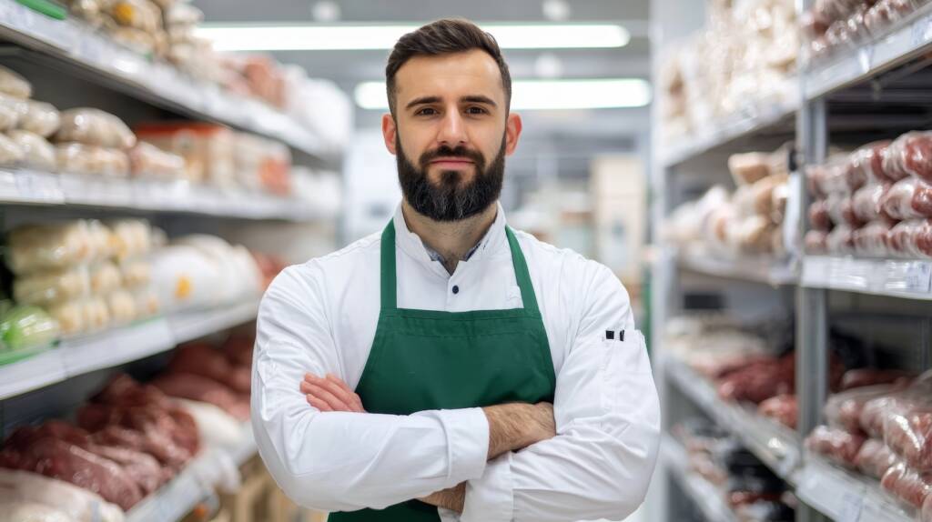 Business owner standing inside a commercial refrigeration cooler