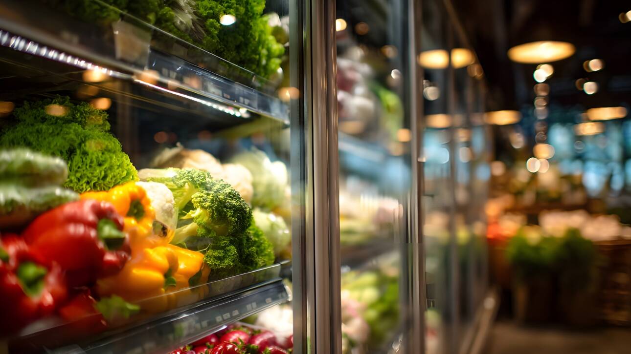 Produce displayed inside a commercial refrigeration case
