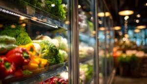 Produce displayed inside a commercial refrigeration case