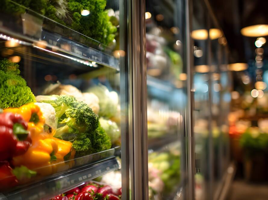 Produce displayed inside a commercial refrigeration case