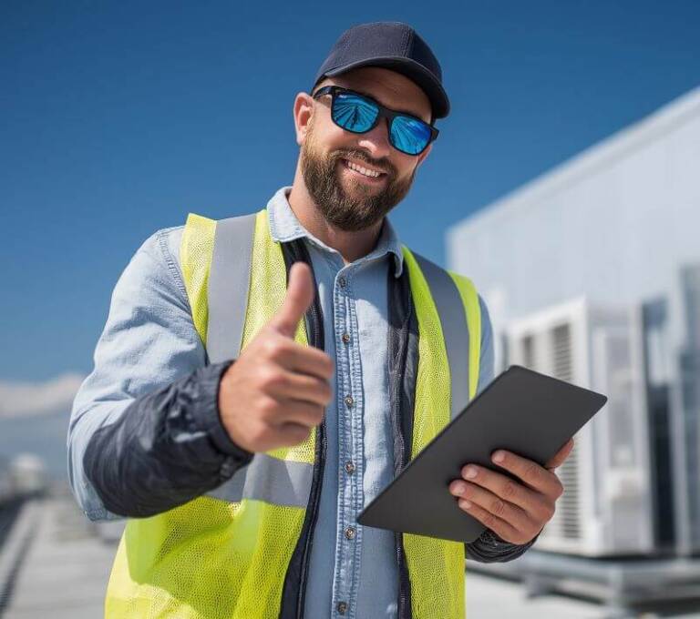 Technician holding a preventive maintenance checklist and giving a thumbs up