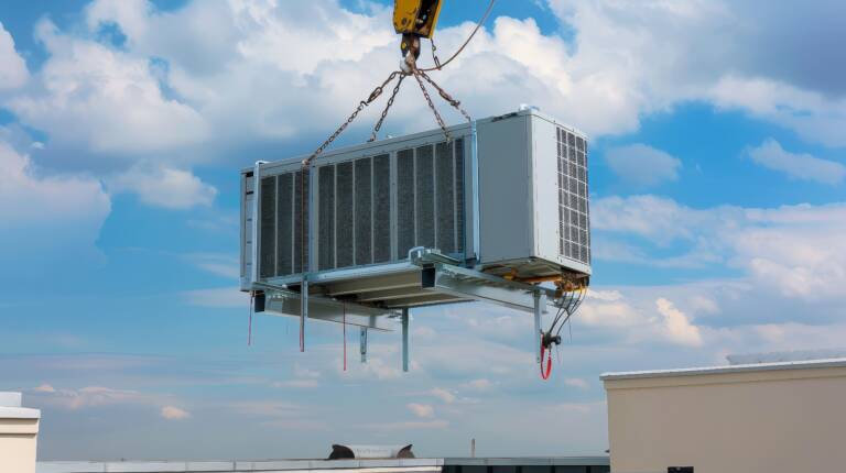 Crane lifting a commercial HVAC unit for rooftop installation