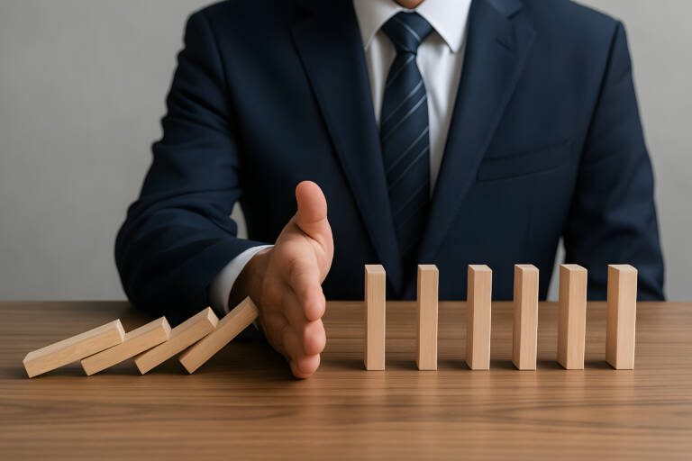 Businessman stopping a chain reaction of falling dominoes to illustrate why refrigeration maintenance is important.