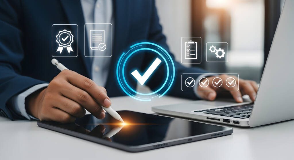 Digital icons represent warranty compliance in connection with integrated facility management