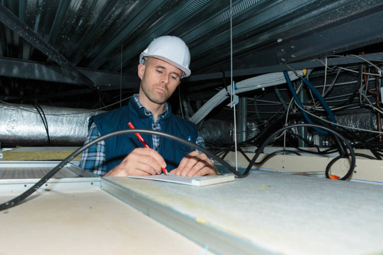 A technician makes notes about how to reduce hvac system downtime