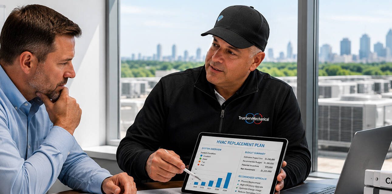 TrueServ Mechanical employee reviewing commercial HVAC financing options with a business owner