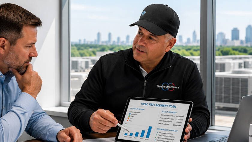 TrueServ Mechanical employee reviewing commercial HVAC financing options with a business owner