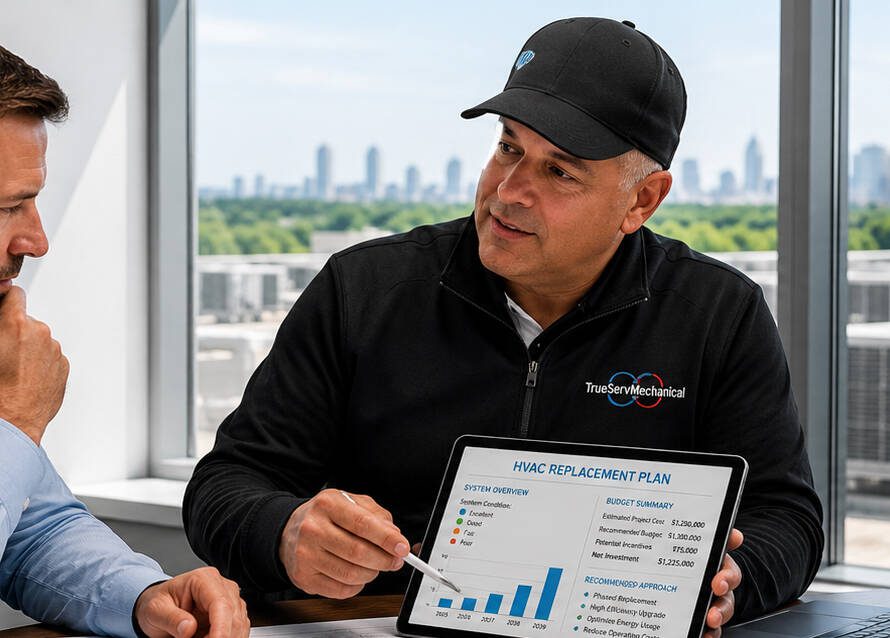 TrueServ Mechanical employee reviewing commercial HVAC financing options with a business owner