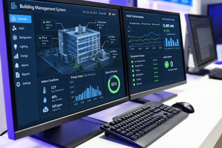 Commercial facility monitoring system displaying equipment and energy performance data