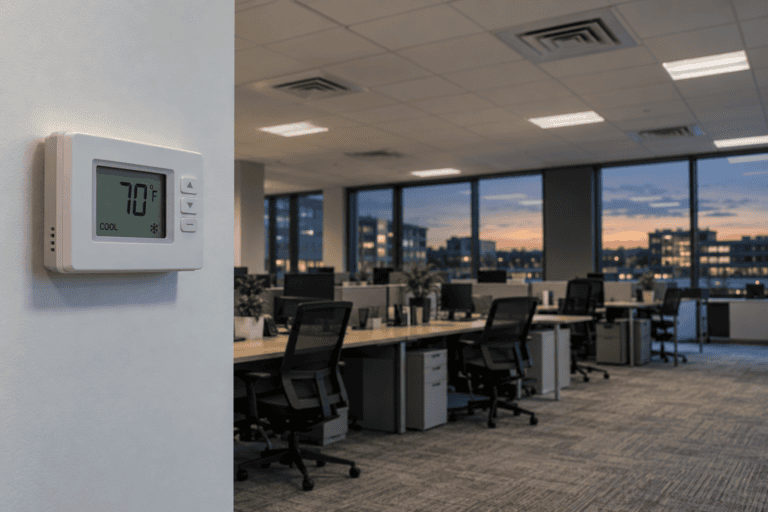 Wall-mounted thermostat set to cooling in an empty commercial office at dusk.