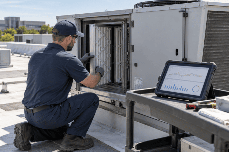 Technician inspecting a commercial HVAC filter beside a tablet displaying equipment performance data.