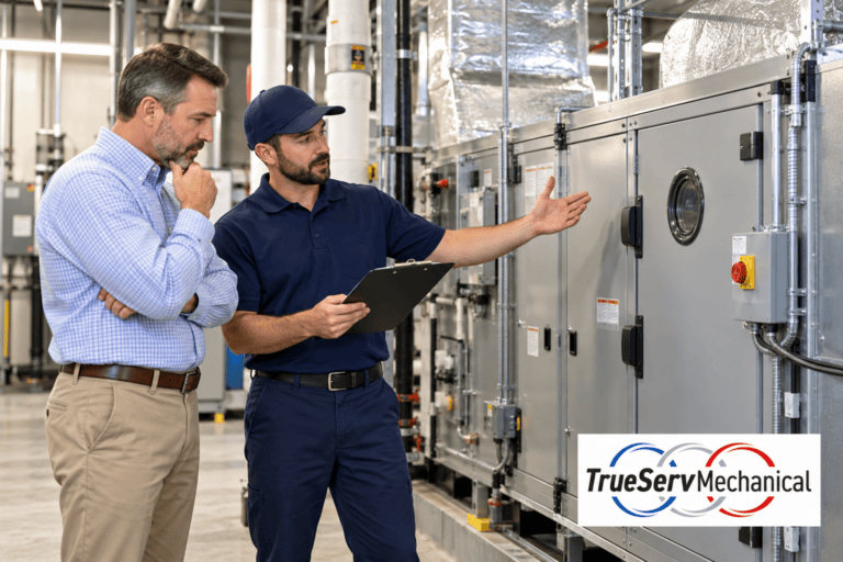 HVAC technician and facility manager discussing repair or replacement options beside commercial equipment.